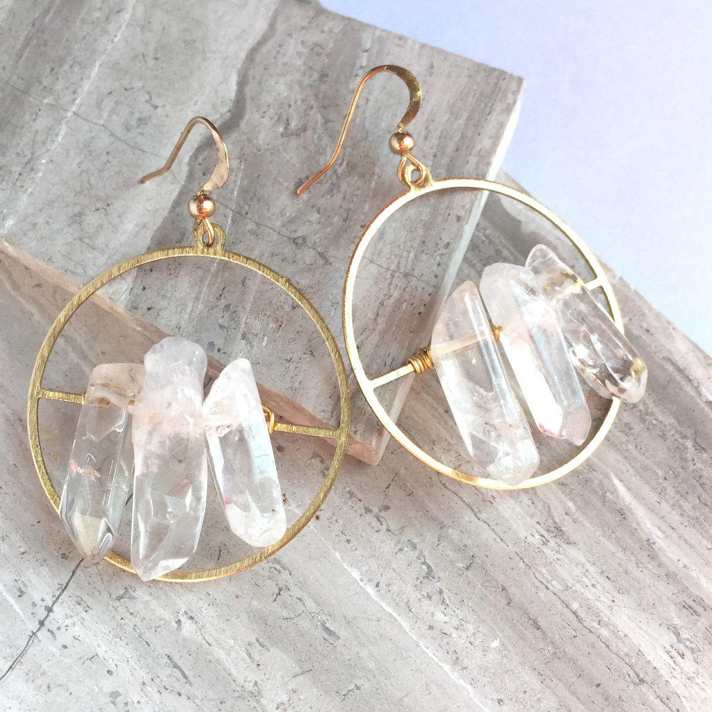 Clear Quartz Crystal Gold Hoop Earrings
